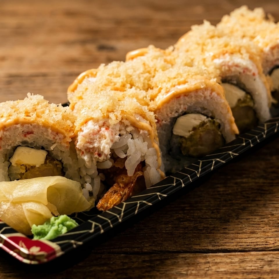 Sushi rolls with crispy topping, sauce, pickled ginger, and wasabi on a black tray.