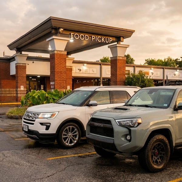 Two SUVs parked in front of a "FOOD PICKUP" building under a cloudy sky at dusk.