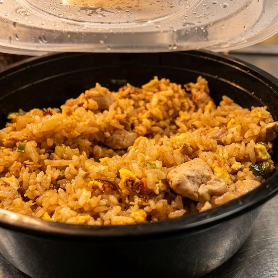 Chicken fried rice in a black takeout container with a clear lid on a metal surface.
