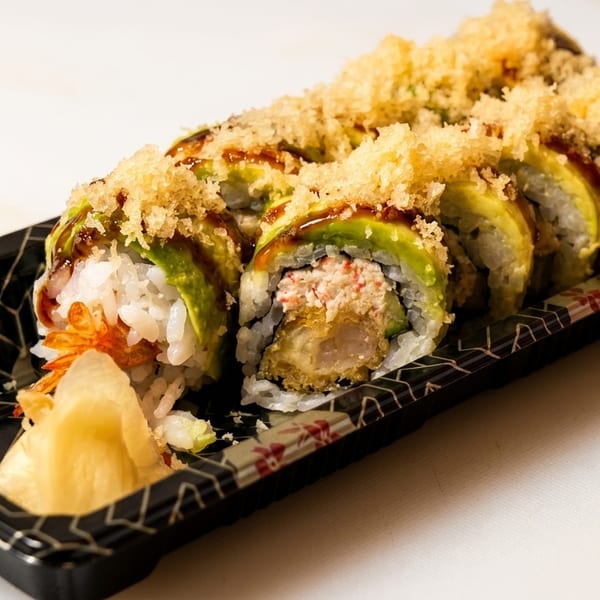 Sushi rolls with avocado, tempura flakes, and eel sauce in a black takeout container.