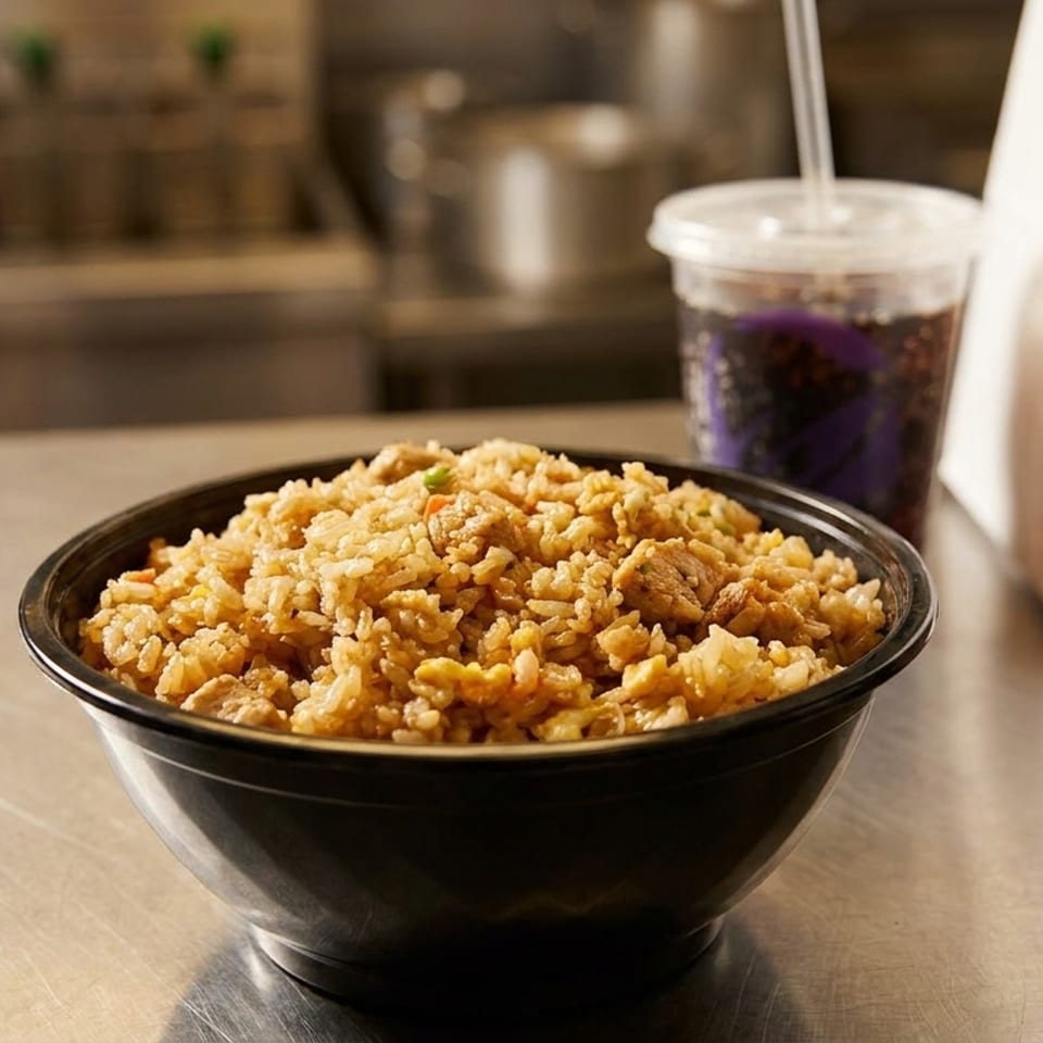 A bowl of fried rice with chicken and vegetables, a drink, and a takeout bag on a metal counter.